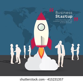 Silhouette people with rocket for startup