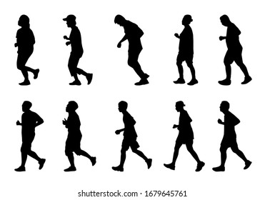 Silhouette people running on white background, Lifestyle man and women exercise vector set, isolate shape group girl and boy jogging, Shadow marathon human illustration