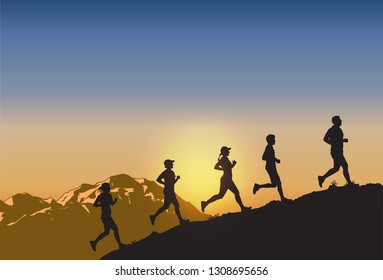 Silhouette of people running uphill, Vector