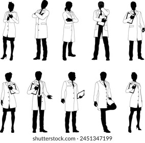 Silhouette people scientists, engineers professors set. Men and women in lab coats. Some holding clipboard checklists. Maybe chemists, science teachers or pharmacists doing experiments or surveying. 