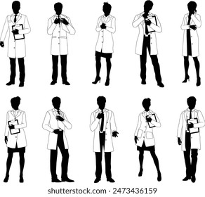 Silhouette people scientists, engineers professors set. Men and women in lab coats. Some holding clipboard checklists. Maybe chemists, science teachers or pharmacists doing experiments or surveying. 