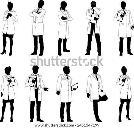 Silhouette people scientists, engineers professors set. Men and women in lab coats. Some holding clipboard checklists. Maybe chemists, science teachers or pharmacists doing experiments or surveying. 