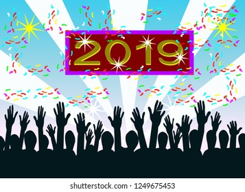 
Silhouette of people are shining hands to show their joy. By 2019, colored paper is scattered down and blue background