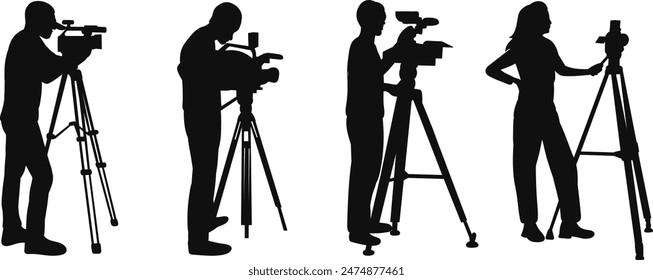 silhouette people shooting video, videographers on a white background vector