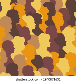 Silhouette people side view seamless pattern earthy colors. Diversity concept. Vector stock illustration. 