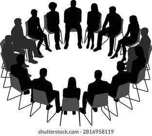 Silhouette people sitting in a circle, group discussion, meeting teamwork, community therapy, support group session, corporate communication, brainstorming event