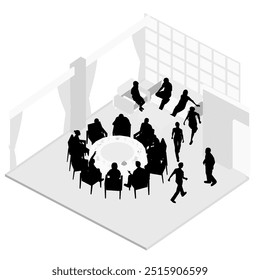 Silhouette of people sitting in restaurant on chairs and sofa isolated on white background. Restaurant interior. Isometric view. Vector illustration.