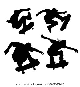 Silhouette People Skateboarding Set, Vector de skate Flying and Freestyle en blanco y negro