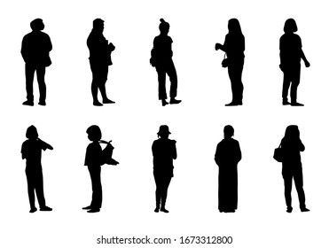 Silhouette people stand set, Black men and women vector on white background, Isolate girl shadow and different human illustration