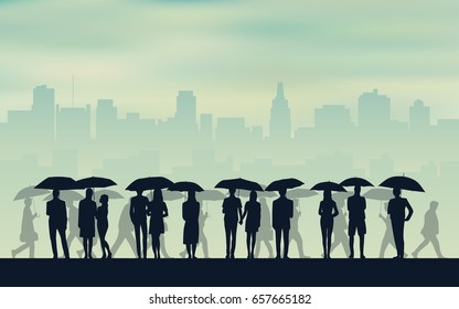 silhouette people standing in rain with umbrella on street and city skyline background