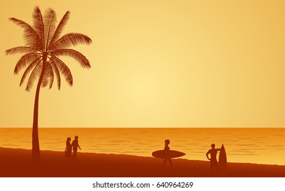 Silhouette people with surfboard on beach under sunset sky background in flat icon design