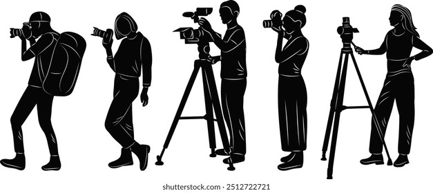 Video Personas de la silueta que toman fotos, filmando, Vector en el fondo blanco