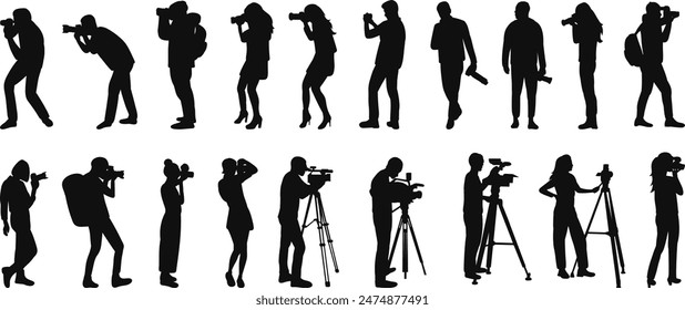 silhouette people taking pictures, man holding camera set on white background vector