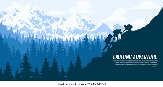 Silhouette of people in a team in the mountains. Travel concept of exploring and observing nature. Hiking. Climbing. Adventure tourism. Flat design for social media, poster, banner. Landscape. 