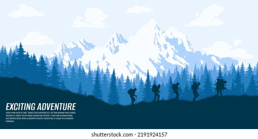 Silhouette of people in a team in the mountains. Travel concept of exploring and observing nature. Hiking. Climbing. Adventure tourism. Flat design for social media, poster, banner. Landscape. 