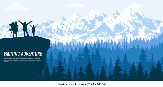 Silhouette Of People In A Team In The Mountains. Travel Concept Of Exploring And Observing Nature. Hiking. Climbing. Adventure Tourism. Flat Design For Social Media, Poster, Banner. Landscape. 