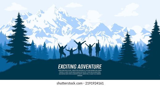 Silhouette of people in a team in the mountains. Travel concept of exploring and observing nature. Hiking. Climbing. Adventure tourism. Flat design for social media, poster, banner. Landscape. 