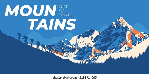 Silhouette of people in a team in the mountains. Travel concept of exploring and observing nature. Hiking. Climbing. Adventure tourism. Flat design for social media, poster, banner. Landscape.