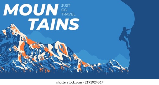 Silhouette of people in a team in the mountains. Travel concept of exploring and observing nature. Hiking. Climbing. Adventure tourism. Flat design for social media, poster, banner. Landscape.