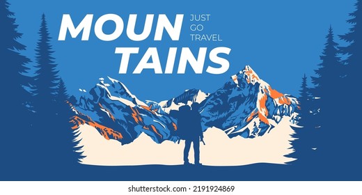 Silhouette of people in a team in the mountains. Travel concept of exploring and observing nature. Hiking. Climbing. Adventure tourism. Flat design for social media, poster, banner. Landscape.