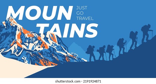 Silhouette of people in a team in the mountains. Travel concept of exploring and observing nature. Hiking. Climbing. Adventure tourism. Flat design for social media, poster, banner. Landscape.