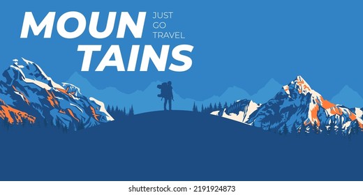 Silhouette of people in a team in the mountains. Travel concept of exploring and observing nature. Hiking. Climbing. Adventure tourism. Flat design for social media, poster, banner. Landscape.