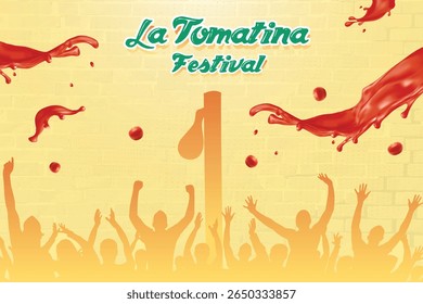 Silhueta de pessoas jogando, Splashing tomates feliz na celebração do Festival La Tomatina. Ilustração de design de banner de venda de férias em espanhol.