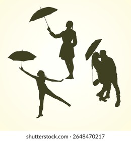 Silhouette of people with umbrellas black and white 2