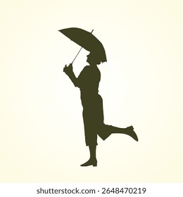 Silhouette of people with umbrellas black and white 2