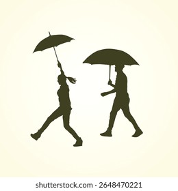 Silhouette of people with umbrellas black and white 2