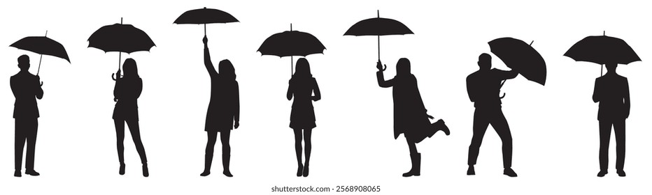 silhouette of people under umbrella. Vector silhouette of people, businessman, man, woman and couple under umbrella 