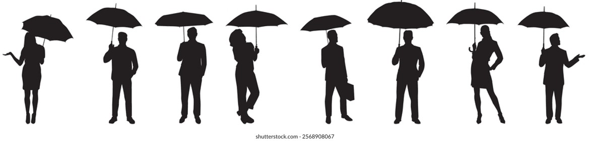 silhouette of people under umbrella. Vector silhouette of people, businessman, man, woman and couple under umbrella 