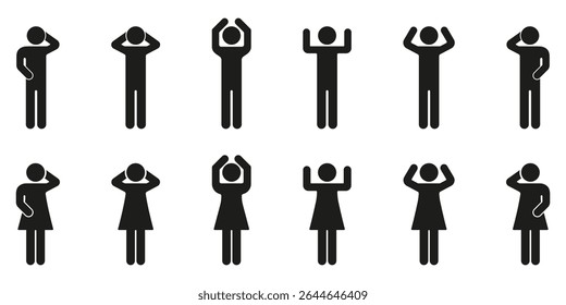 Silhouette People In Various Poses Icon Set. Human Figures Expressing Different Emotions And Gestures Solid Symbol Collection. Communication And Body Language. Isolated Vector Illustration.