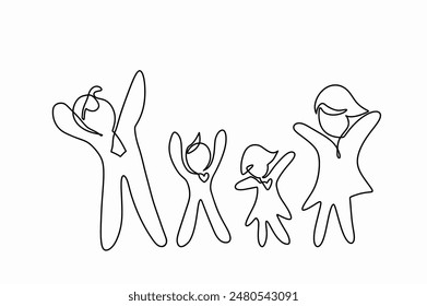 Silhouette of people in vector illustration, symbolizing teamwork, family, and love, Continuous one line of cartoon doodle character design , Family isolated on white background 