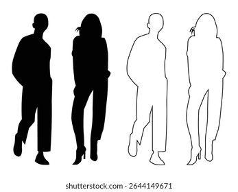 Silhouette people vector set in flat style. Silhouettes of Businessman character in different poses, standing front, back, rear, side view, vector set on white background. Vector illustration. 