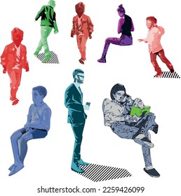 silhouette of people in vector of various colors.With shadow, line pattern in pop art. Full family unit. Conveniently divided into several parts to take advantage of the illustrator’s recolor command.