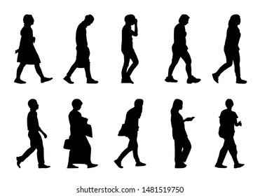Silhouette people walking collection on white background,  Black men and women vector set, Isolate shape group girl and boy, Shadow different human illustration