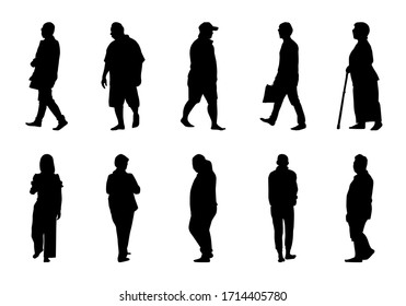 Silhouette people walking collection on white background, Black men and women vector set, Isolate different human illustration