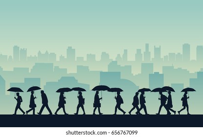 silhouette people walking in rain with umbrella on street and city skyline background