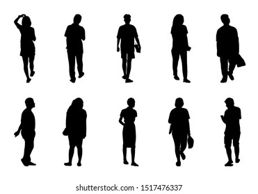 Silhouette people walking set, Black men and women vector on white background, Isolate shape group girl and boy, Shadow different human illustration