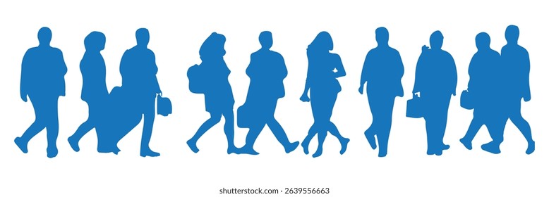 Silhouette people walking, standing, using phone, office attire, male and female poses, casual business postures, vector illustration, city crowd