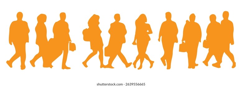 Silhouette people walking, standing, using phone, office attire, male and female poses, casual business postures, vector illustration, city crowd