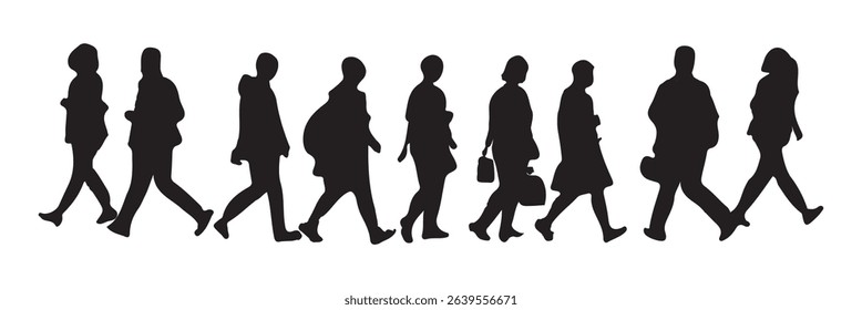Silhouette people walking, standing, using phone, office attire, male and female poses, casual business postures, vector illustration, city crowd