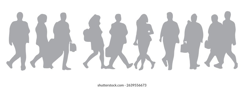 Silhouette people walking, standing, using phone, office attire, male and female poses, casual business postures, vector illustration, city crowd