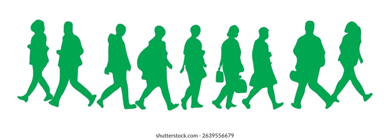 Silhouette people walking, standing, using phone, office attire, male and female poses, casual business postures, vector illustration, city crowd