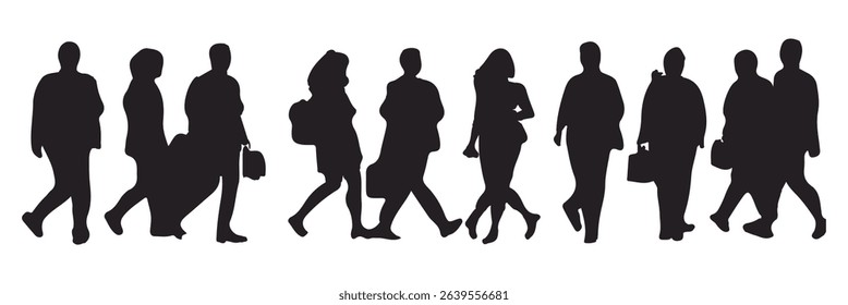 Silhouette people walking, standing, using phone, office attire, male and female poses, casual business postures, vector illustration, city crowd