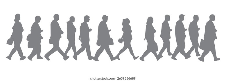 Silhouette people walking, standing, using phone, office attire, male and female poses, casual business postures, vector illustration, city crowd