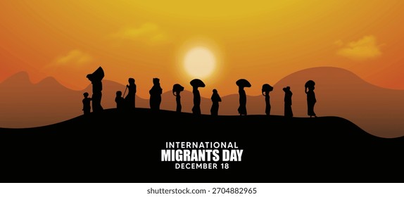 Silhouette Menschen gehen mit Sonnenuntergang Thema für internationale Migranten Day Poster