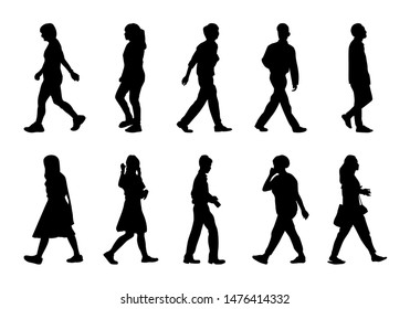 Silhouette people walking vector set, Black men and women on white background, Isolate group girl and boy