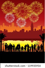 Silhouette Of People Watching And Taking Photos Fireworks At Night On New Year's Eve, Vector